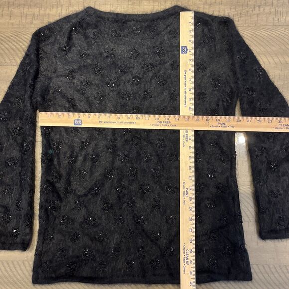 Angora Sweater Shirt Top Christmas Pullover Size Med Fuzzy Black Beaded Tesori - Picture 9 of 9